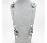 RRBXXUYN 44" Freshwater Cultured White Pearl Blue Pave Chain Long Necklace