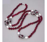 RRBXXUYN Cultured White Rice Pearl Fuchsia Agate Beads Station Long Necklace Bracelet Earrings Sets For Women (Necklace)
