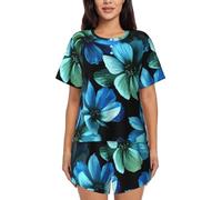 RRhgipp Conjunto de pijama de 2 piezas con estampado de flores azules para mujer, conjunto de pijama de manga corta con pantalones estampados, Negro, L