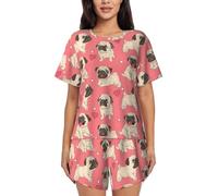 RRhgipp Conjunto de pijama de 2 piezas de manga corta con estampado de carlino y perro carlino para mujer, conjunto de pijama con pantalones estampados, Negro, L