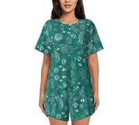RRhgipp Conjunto de pijama de 2 piezas de manga corta con estampado de delfines, flores, estrellas de mar, coral, conchas marinas, pantalones estampados, conjuntos de pijama para mujer, Negro, M