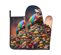 RRKDOY Chameleon in The Candy Pile - Juego de guantes de horno y soportes para ollas impresos para abrir la tapa de la olla en la cocina, microondas, horno