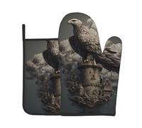 RRKDOY Eagle on The Tower - Juego de guantes de horno y soportes para ollas impresos para abrir la tapa de la olla en la cocina, microondas, horno