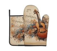RRKDOY Juego de guantes de horno y soportes para ollas impresos con notas de guitarra para abrir la tapa de la olla en la cocina, microondas, horno