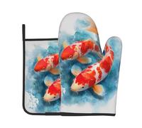 RRKDOY Koi in Ink and Wash - Juego de guantes de horno y soportes para ollas impresos para abrir la tapa de la olla en la cocina, microondas, horno