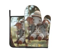 RRKDOY The Little Elephant on The Swing - Juego de guantes de horno y soportes para ollas impresos para abrir la tapa de la olla en la cocina, microondas, horno