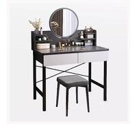 RRNAR Tocador con Espejo y Cajones, Estantes de Almacenamiento Abiertos, Mesa de Maquillaje de Dormitorio Moderno y Juego de Taburete tapizado para Mujeres y niñas, Gris Oscuro,80x40x125.5cm