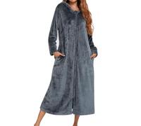 Rrongwn Albornoz Largo con Cremallera para Mujer, Bata de Flanela y Forro de Felpa, Bata Cálida de Invierno, Pijama de Flanela, Ropa de Dormir de Frottee, Velour, Albornoz de Lujo para la Mañana, gris