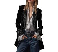 Rrongwn Blazer Chaqueta de traje de terciopelo vintage para mujer, cuello en V, bordado, chaqueta larga, chaqueta de terciopelo, cuello con muescas, abrigos gótico victoriano, Negro , XXL