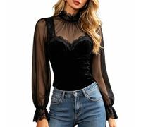 Rrongwn Blusa de mujer estilo vintage gótico negro encaje elegante terciopelo translúcido manga larga cuello cuello alto corsé blusa Dressy Tops, Negro , XS
