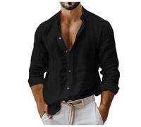 Rrongwn Camisa de lino para hombre, camisa de ocio moderna, corte regular, camisa de manga larga, transpirable, cuello alto, camiseta de lino, monocolor, camisa de negocios, camisa hawaiana, Negro ,