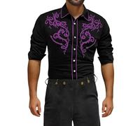 Rrongwn Camisa de vaquero occidental para hombre, transpirable, de corte regular, para el tiempo libre, camisa de bolos vintage, camiseta de los años 70, camisa vintage de manga larga, Morado claro