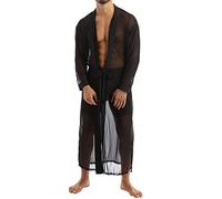 Rrongwn Camisas de malla para hombre, manga larga, albornoz transparente, camisa muscular, cárdigan de malla de pescado, sexy, lencería, pijama, batas largas, Negro , M
