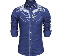 Rrongwn Camisas Vaqueras Western para Hombre, de Manga Larga, Bordadas, Estilo Cowboy, Casuales, Camisas Button-Down, Camisas de Hombre como Regalo, azul, L