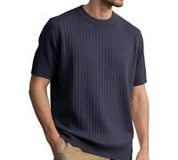 Rrongwn Camiseta de punto para hombre de manga corta, corte regular, con textura, camiseta de verano con cuello redondo para tiempo libre, camiseta de golf de un solo color a rayas, azul marino, S