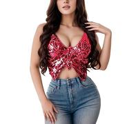 Rrongwn Camiseta de tirantes para mujer con lentejuelas, diseño de Winx Club con mariposas, vestido de flores con hombros descubiertos, corsé Y2K, chaleco de crop, azul y rojo, corsé Rave Corsé Corsé