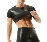 Rrongwn Camiseta interior de malla para hombre, camiseta interior de malla, cuello redondo, camiseta erótica, elástica, camisa de charol, parte superior sexy, sin vientre, corte mojado, manga corta,