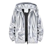 Rrongwn Chaqueta metálica para hombre, 70S, para discoteca, Navidad, fiesta, Varsity, chaqueta metálica, brillante, bronceada, ligera, transpirable, chaqueta cómoda para el tiempo libre, plata, XXL