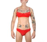 Rrongwn Conjunto de ropa interior para hombre, sujetador de encaje, tanga, lencería Sissy, sujetador, ropa interior para hombre, escote para cualquier hombre, rojo, XXL