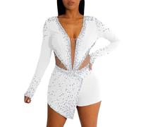 Rrongwn Maillot de gimnasia para mujer, manga larga, brillante, transparente, patchwork, danza, con pedrería, patinaje sobre hielo, ropa de baile, cuello en V, lentejuelas, Blanco, L