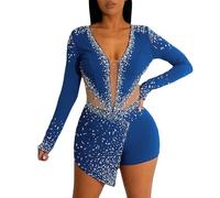Rrongwn Maillot de gimnasia para mujer, manga larga, brillante, transparente, patchwork, danza, con pedrería, patinaje sobre hielo, ropa de baile, cuello en V, lentejuelas, azul, XXL
