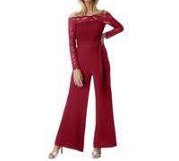 Rrongwn Mono de encaje elegante para mujer, con hombros descubiertos, manga larga, cintura alta, cóctel, fiesta, festivo, color rojo, traje de pantalón ajustado con cinturón, rojo, XL