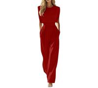Rrongwn Mono elegante para mujer, elegante, entallado, para mujer, festivo, boda, sin mangas, largo de pierna ancha, traje de pantalón, para invitadas de boda, oficina, con bolsillo, rojo, M