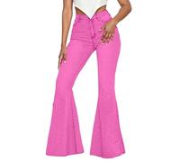 Rrongwn Pantalones vaqueros de mujer Y2K Butterfly Jeans Grunge ropa desgastada vintage Bell Bottom Low Rise Jeans, Rosa caliente., S
