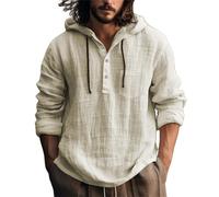 Rrongwn Sudadera con capucha de lino para hombre, manga larga, fina, transpirable, de lino, manga larga, sudadera con capucha, camisa de verano, algodón, primavera, informal, ligera, caqui, L