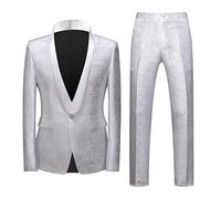 Rrongwn Trajes de hombre de 2 piezas, corte ajustado, para bodas, negocios, un botón, traje de hombre, pantalones de jacquard, esmoquin, traje de solapa, juego de 2 piezas para bodas y fiestas, plata,