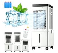 RRrawgff Aire Acondicionado Portátil 12L, Climatizador Evaporativo Ventilador 3 en 1, Enfriador de Aire 3 Modos 3 Velocidades, Temporizador de 1-7.5H con Rruedas y Mando, Enfriador Movil Aire