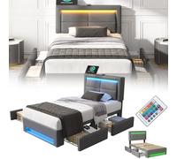 RRrawgff Cama Acolchada, Cama de Matrimonio con conexión USB (soporta Carga inalámbrica y por Cable), Cama con iluminación LED y 4 cajones de Almacenamiento, Material PU(Sin colchón)