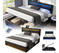 RRrawgff Cama Acolchada, Cama de Matrimonio con conexión USB (soporta Carga inalámbrica y por Cable), Cama con iluminación LED y 4 cajones de Almacenamiento, Material PU(Sin colchón)