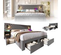RRrawgff Cama de Matrimonio, con 2 mesitas de Noche y 4 cajones, función de Carga USB y luz de Lectura en el cabecero, Cama Suave tapizada en Terciopelo (sin colchón)