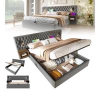 RRrawgff Cama Tapizada 180 x 200 cm con USB y Iluminación LED, Estructura Cama Matrimonio con Almacenaje Hidráulica, Camas Matrimoniales con Láminas de Metálicas, Sin Colchón