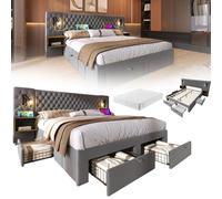 RRrawgff Cama Tapizada de 160x200 cm con Cabecero Tapizado y 4 Cajones, Estructura de Cama Doble con Soporte de Láminas de Madera y Terciopelo con USB y luz de Lectura Junto a la Cama