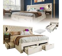 RRrawgff Cama Tapizada de 160x200 cm con Cabecero Tapizado y 4 Cajones, Estructura de Cama Doble con Soporte de Láminas de Madera y Terciopelo con USB y luz de Lectura Junto a la Cama