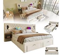 RRrawgff Cama Tapizada de 160x200 cm con Cabecero Tapizado y 4 Cajones, Estructura de Cama Doble con Soporte de Láminas de Madera y Terciopelo con USB y luz de Lectura Junto a la Cama