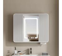 RRrawgff Espejo para botiquín, Espejo de baño con Puerta corrediza, Espejo de tocador Moderno con luz LED Inteligente de un Solo Color, antivaho y luz Frontal, gabinete de baño rústico (Blanco, 80 cm