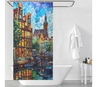 RRTYVFD Amsterdam Canal Glow Cortina de Ducha Impermeable Resistente al Moho 100% Tejido Poliéster Moderno Juego de Decoración de Baño con Ganchos 90 x 180 cm