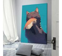 RRTYVFD Arte de pared abstracto de gato kawaii comiendo sashimi para sala de estar, baño, decoración, cuadros grandes de 30 x 45 cm (12 x 18 pulgadas)
