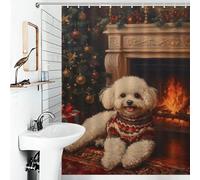 RRTYVFD Bichon Frise in Sweater Christmas Dog by Fireplace Painting Anti-Moho Resistente Secado Rápido Resistente Moderno Tela Decoración Set Bañera 53.54x70.87 pulgadas (136x180cm)