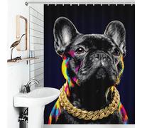RRTYVFD Cortina de baño de Bulldog con cadena dorada, resistente al moho, gruesa y duradera, hecha de poliéster, divertida, para caravana, 136 x 180 cm