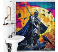 RRTYVFD - Cortina de ducha "Caballero de armadura y cuervos delante de la luna llena", antimoho, 100% poliéster, lavable, 143 x 180 cm (56,30 x 70,87 pulgadas).