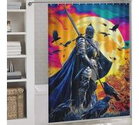 RRTYVFD Cortina de ducha "Caballero de armadura y cuervos delante de la luna llena", antimoho, de poliéster grueso y resistente, diseño humorístico, 163 x 180 cm.