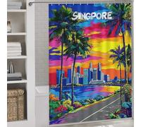 RRTYVFD Cortina de ducha colorida de Singapur con diseño de puesta de sol en Singapur, impermeable, resistente al moho, con ganchos, tela suave, cortina de ducha de hotel para caravana, 163 x 180 cm