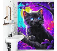 RRTYVFD Cortina de ducha con diseño de gato negro mágico en un bosque vibrante, antimoho, tela suave 100 % poliéster, cortina de ducha de hotel para remolque de viaje, 136 x 180 cm
