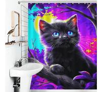 RRTYVFD Cortina de ducha con diseño de gato negro mágico en un bosque vibrante, antimoho, tela suave 100 % poliéster, cortina de ducha para hotel, remolque de viaje, 143 x 180 cm
