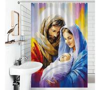 RRTYVFD Cortina de ducha con estampado artístico de belén navideño, impermeable, resistente al moho, resistente al moho, cortinas de baño para ducha con ganchos, 119 x 180 cm