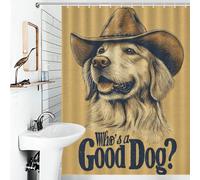 RRTYVFD Cortina de ducha con texto en inglés "Quien es un buen perro?", antimoho, 100% poliéster, 136 x 180 cm